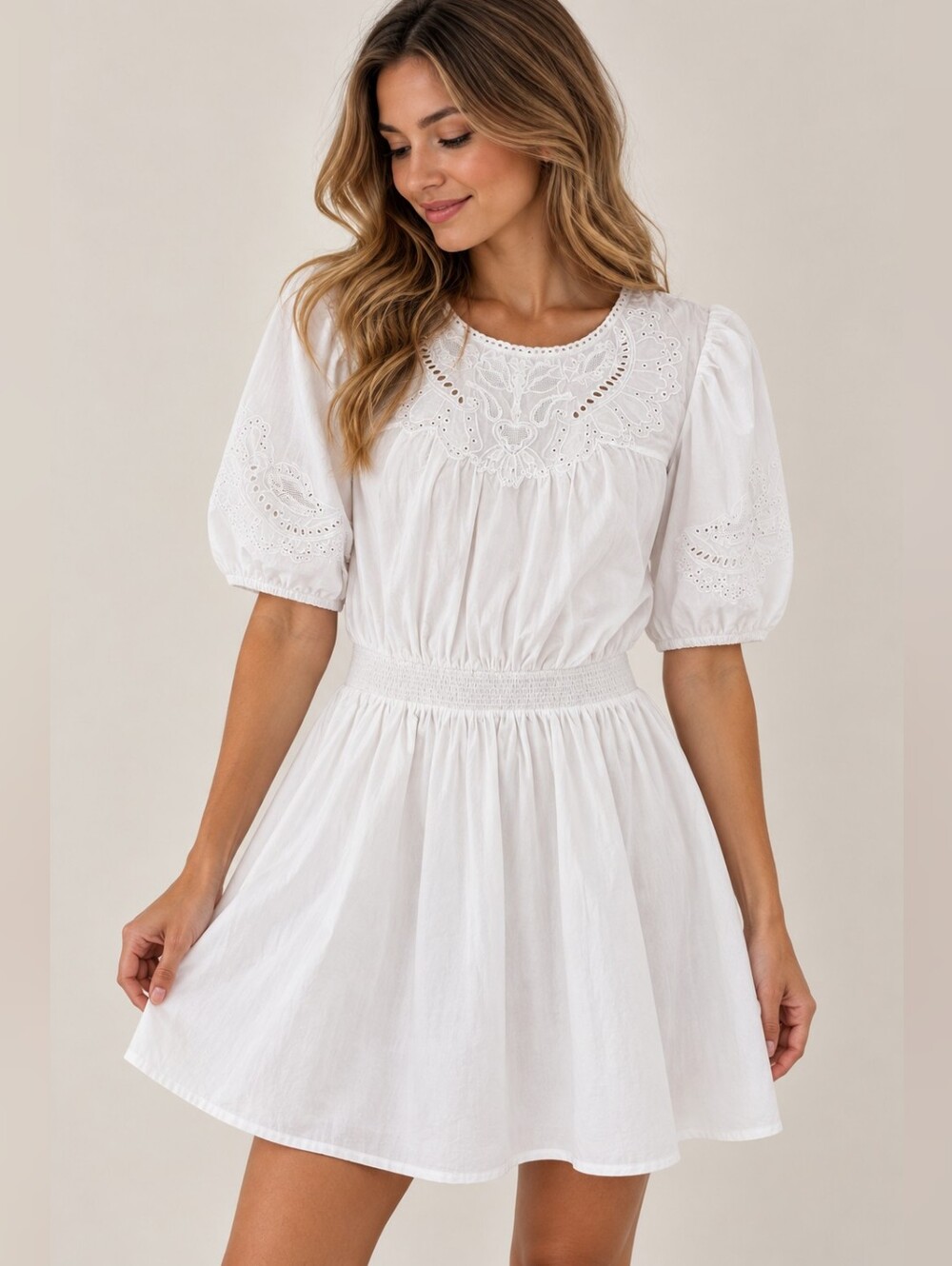 NWT Little Moon White Eyelet Smocked-Waist Mini Dress